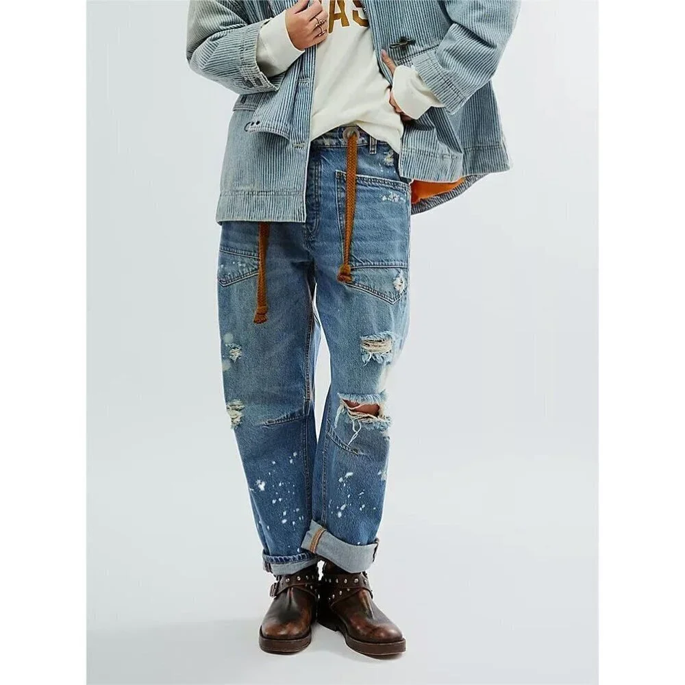 Women’s Baggy Wide Leg Barrel Jeans Mid Rise Drawstring Casual Denim